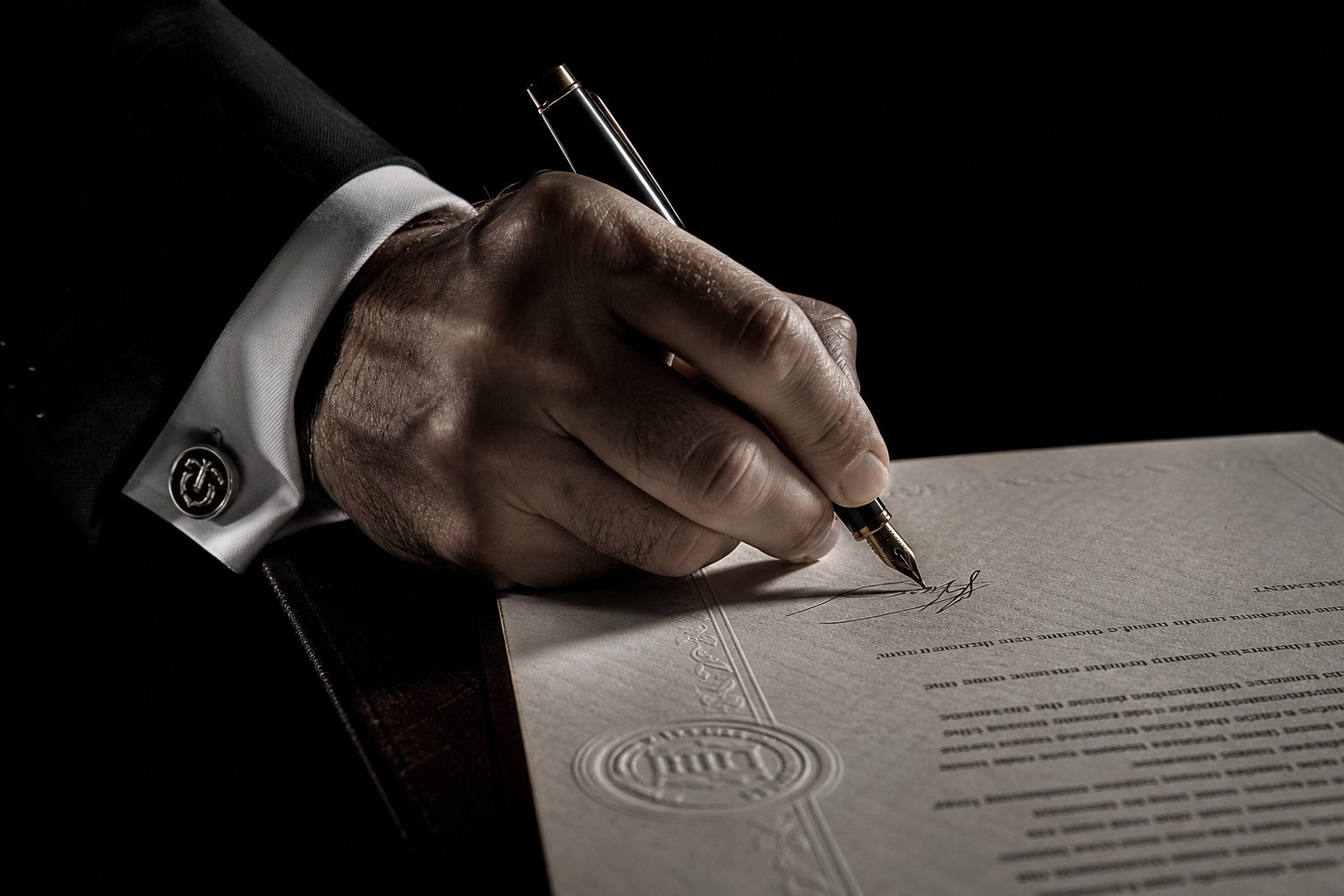 A fountain pen signing an embossed document